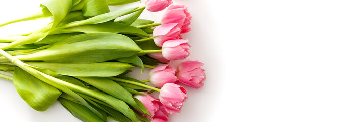 Fototapeta premium pink tulips lie on a white table next to colored pens