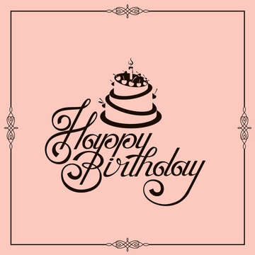 happy birthday card design with cake isolated on pink background