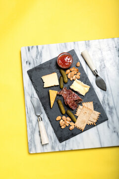 Overhead shot of a cheese plate