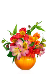 Beautiful bouquet of colorful flowers Alstroemeria in vase isolated on white background