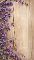 Obraz na płótnie Canvas Lavender flowers on wooden background. Greeting card, top view, flat lay, copy space for text