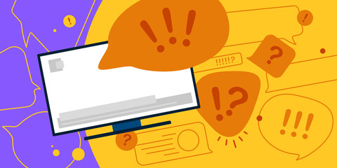 News update, flat vector design with modern elements isolated on bright contrast yellow and violet background. Urgent news in popular media. TV screen with important information for people