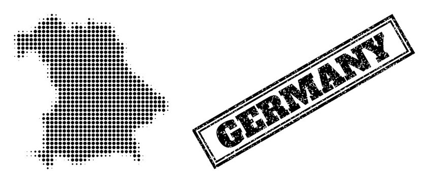 Halftone map of Germany, and grunge seal stamp. Halftone map of Germany constructed with small black round items. Vector seal with distress style, double framed rectangle, in black color.