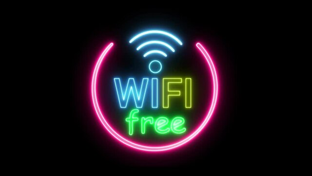 Animation free wifi neon sign light at black background in looped concept animation.