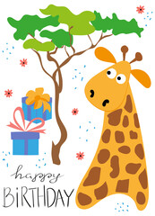 Naklejka premium Cute giraffe, gifts, tree. Birthday card in scandinavian style, isolated elements on a white background.