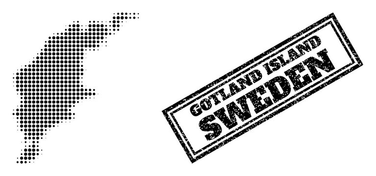 Halftone map of Gotland Island, and textured seal. Halftone map of Gotland Island designed with small black spheric items. Vector seal with unclean style, double framed rectangle, in black color.