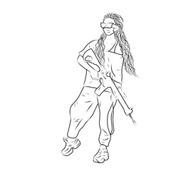 girl with a rifle, black and white drawing, lineart, mask