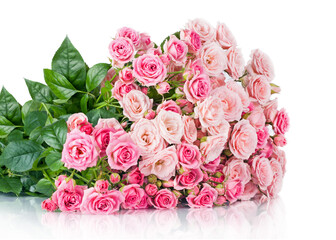 Beautiful Roses Bouquet Flowers Background. Copy spase, flat lay, top view, Holiday symbol. Greeting card, isolated on white