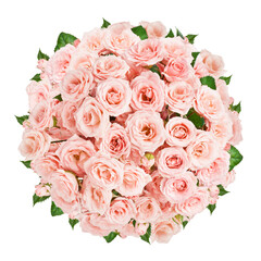 Obraz na płótnie Canvas Beautiful Pink Roses Bouquet Flowers Background isolated on white, symbol Valentine's Day, wedding day, love. Holiday concept, flat lay, top