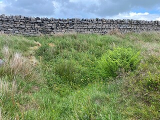 A dry stone wall, running along the ridge of moorland, high above, Cowling, Keighley, UK 