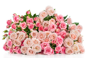 Beautiful Roses Bouquet Flowers Background. Copy spase, flat lay, top view, Holiday symbol. Greeting card, isolated on white
