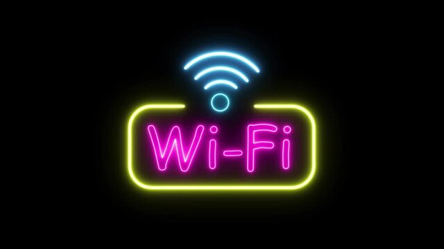 Animation wifi neon sign light at black background in looped concept animation.