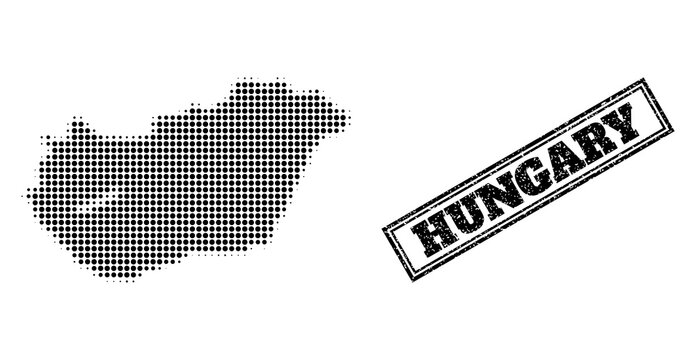Halftone map of Hungary, and scratched seal. Halftone map of Hungary constructed with small black round points. Vector seal with retro style, double framed rectangle, in black color.