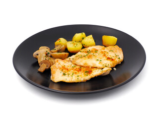Cooked chicken breast with mushrooms and potatoes isolated on white background