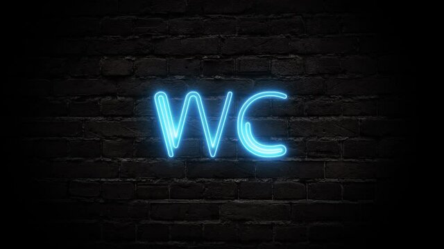 Animation neon blu sign WC on brick wall background.
