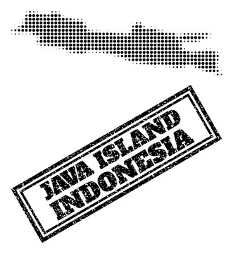 Halftone map of Java Island, and scratched seal stamp. Halftone map of Java Island designed with small black spheric pixels. Vector seal with retro style, double framed rectangle, in black color.