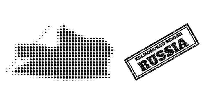 Halftone map of Kaliningrad Region, and textured seal. Halftone map of Kaliningrad Region generated with small black round dots. Vector seal with distress style, double framed rectangle,