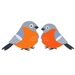 Two Bullfinches. A group of cute forest animals. Couple of bird. Cartoon flat illustration