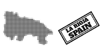 Halftone map of La Rioja Spanish Province, and rubber seal stamp. Halftone map of La Rioja Spanish Province constructed with small black spheric items. Vector seal with scratched style, - obrazy, fototapety, plakaty
