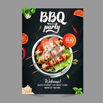 BBQ poster flyer pamphlet brochure cover design with photo background, vector illustration template in A4 size