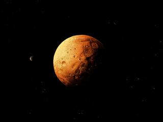 red planet with craters and satellite on black background with stars