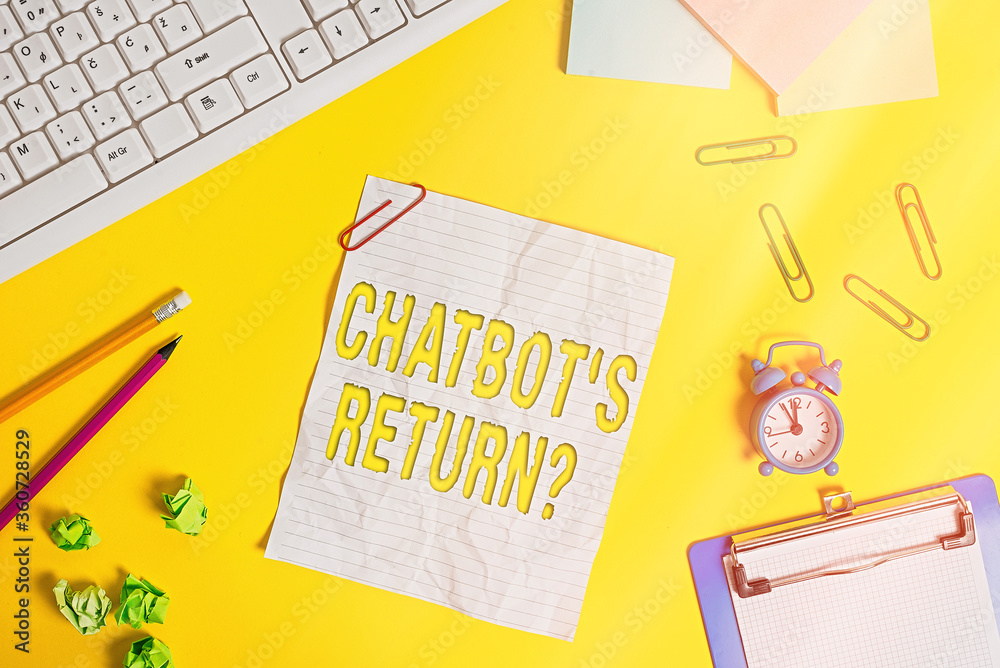 Aufkleber Word writing text Chatbot s is Return Question. Business photo showcasing program that communicate use text interface and AI Flat lay above copy space on the white crumpled paper