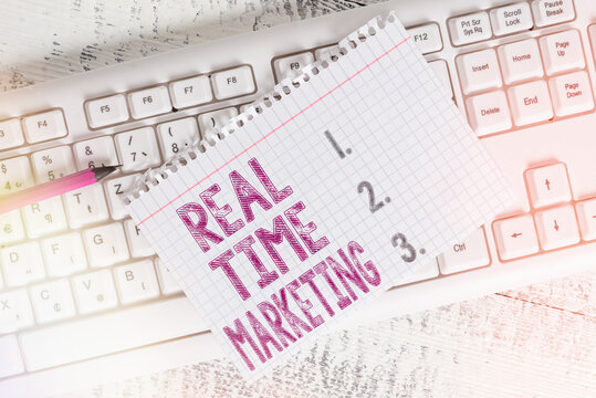 Writing note showing Real Time Marketing. Business concept for business strategy focused on current trends and customer feedback Keyboard office supplies rectangle shape paper reminder wood