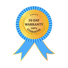 Gold premium 30 Day Warranty golden label. Gold shiny emblem. Stock vector illustration on white isolated background.