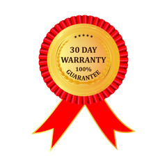 Gold premium 30 Day Warranty golden label. Gold shiny emblem. Stock vector illustration on white isolated background.
