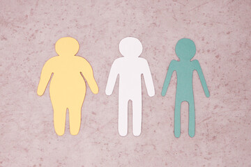 Human silhouettes are cut out of colored paper. Overweight, normal build and thinness.