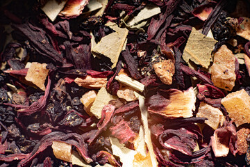 Macro from assorted tea leaves and fruits
