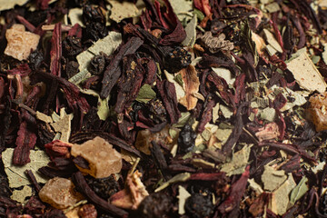 Macro from assorted tea leaves and fruits
