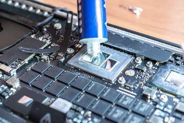 Repair computers. Technology maintenance hardware from man engineer. Electronic technician pc service.