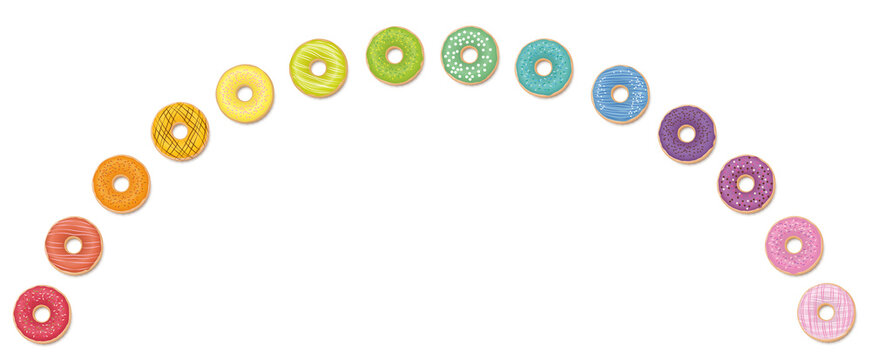 Donut rainbow. Colorful donuts in an arch. Isolated vector illustration on white background.
