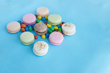 pasta cookies on a blue background  and colored pills