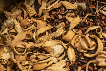 Macro from assorted tea leaves and fruits
