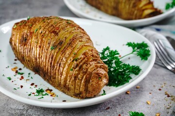 Baked Hasselback Potatoes, selective focus