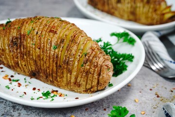 Baked Hasselback Potatoes, selective focus
