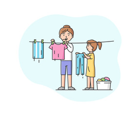 Concept Of Parenting And Family Joint Housework. Happy Mother Washing And Hang Up Clothes For Drying. Daughter Helps Mother Around The House. Cartoon Linear Outline Flat Style. Vector Illustration