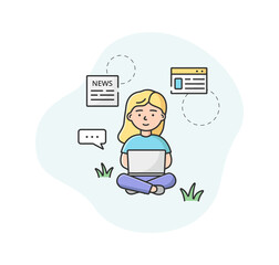 Breaking News Concept. Female Character Sitting On The Floor And Reading Fresh World News On Laptop. Woman Find Out New Information In The World. Cartoon Linear Outline Flat Style Vector Illustration