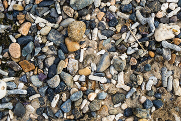 Multi-colored colorful sea pebbles, natural background, texture. Close-up texture of colorful sea pebbles. Sea background and beach