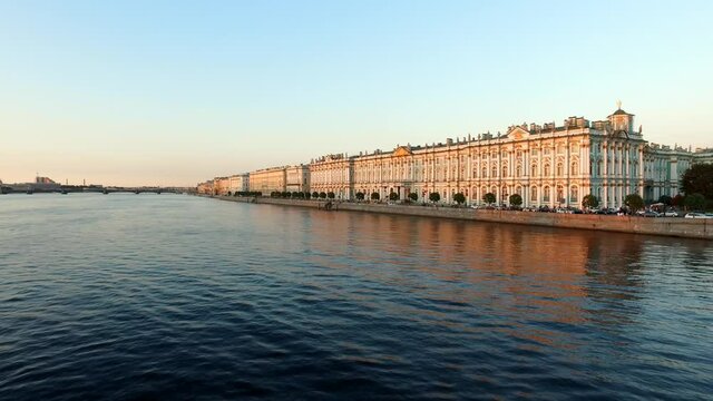 View Hermitage museum. Neva river and Winter Palace. White night. Unique urban landscape center Saint Petersburg. Central historical sights city. Top tourist places in Russia. Capital Russian Empire