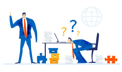 Businessman working under the stress and pressure of big boss. Financial and economical crisis, dead line, overloaded with problems and tiredness. Modern flat design business concept illustration  