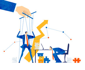 Manipulation of management hand. Employee who are not free in making designs. Worker on ropes, stressed, tired, unfairly behaviour and people usage. Modern flat design business concept illustration   