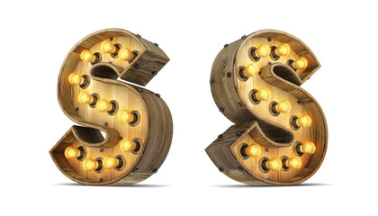 Wood alphabet light bulb 3d rendering illustration with clipping paths.