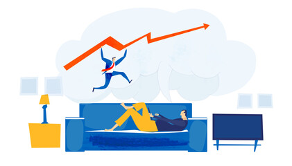 Man dreaming about professional success. Young man self-employed, self isolated working from home. Man lien on sofa and looking for new job. Modern flat design business illustration
