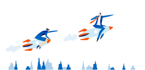 Successful business people flying with rocket, new business, start up. Future opportunities, looking forward, making designs and making a progress concept. Modern flat design business illustration