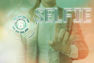 Word writing text Selfie. Business photo showcasing taken by oneself using a digital camera for posting on social network Graphics padlock for web data information security application system