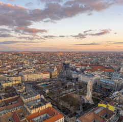 Fototapeta premium Aerial drone shot of Ferris Whell Budapest Eye in Budapest downtown during sunset hour