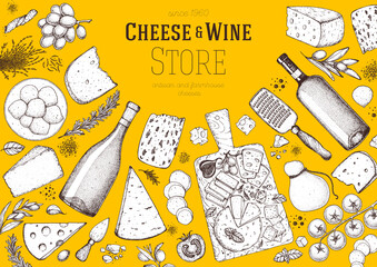 Cheese and wine design template. Hand drawn sketch. Retro food background. Menu restaurant. Gourmet food set. Vintage cheese, vegetables, spice, wine drawings. Dairy products frame on white background